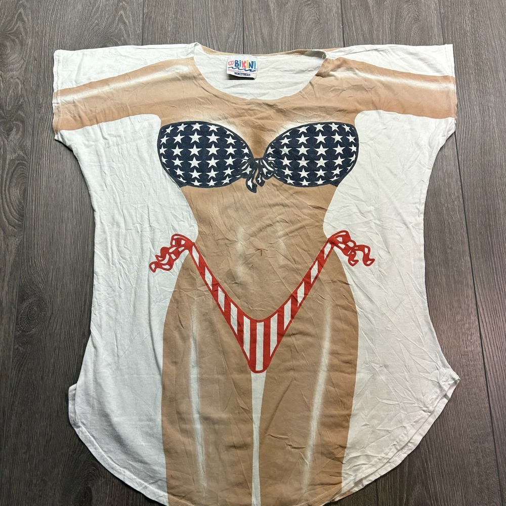 Vintage 90s LA Imprints Bikini Body T-Shirt USA Flag Patriotic Cover Up OSFM